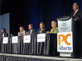 Progressive Conservative leadership candidates took the stage on Nov. 5, 2016, at the PCAA's first leadership forum in Red Deer. Donna Kennedy-Glans (second from right) writes that she dropped out of the race because the party seems interested in embracing a right-wing agenda that doesn't reflect her priorities.