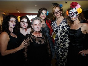 (From left) Tobey Levine, Shira Spring, Theo Harasymiw, Krista Brick, Heidi Oshry and Chloe Soibelman at the Day of the Dead-themed Refinery party.