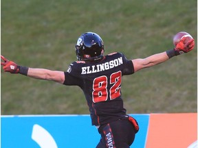 Greg Ellingson of the Ottawa Redblacks celebrates his winning touchdown against the Hamilton Tiger-Cats in the East Conference finals at TD Place in Ottawa, November 22, 2015.