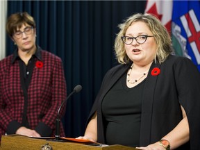 Health Minister Sarah Hoffman, right, and Chief Medical Officer of Health, Karen Grimsrud discuss Bill 28 on Monday, November 7, 2016 in Edmonton.