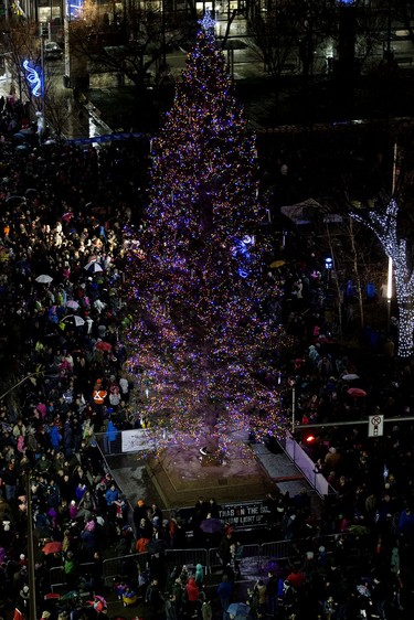 The Edmonton Christmas Tree is visible in Churchill Square during the Holiday Light Up event, in Edmonton on Saturday Nov. 12, 2016.