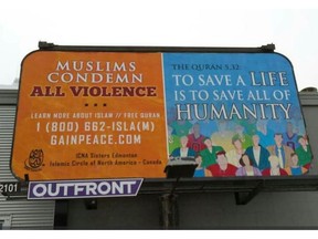 Islamic Circle Of North America (ICNA) Sisters Edmonton group has put up a billboard at 106 Avenue and 101 Street in Edmonton emphasizing that Islam is a religion of peace, encouraging those with questions about Muslim people to contact them directly so they can work to dispel hateful misconceptions after anti-Muslim pamphlets have been delivered to Edmonton doorsteps.