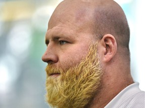 Justin Sorensen was one of the Eskimos offensive linemen with their hair dyed yellow as they practiced indoors at the Field House in Edmonton, Friday, November 18, 2016.