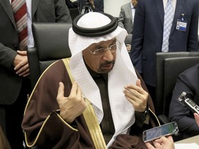 Khalid Al-Falih Minister of Energy, Industry and Mineral Resources of Saudi Arabia speaks to journalists prior to the start of a meeting of the Organization of the Petroleum Exporting Countries, OPEC, at their headquarters in Vienna, Austria, Wednesday, Nov. 30, 2016.