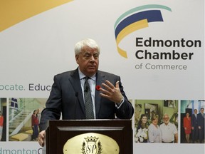 Kinder Morgan Canada president Ian Anderson speaks about the company's Trans Mountain pipeline project to a lunchtime audience of members of the Edmonton Chamber of Commerce at the Sutton Place Hotel on Wednesday, Nov. 9, 2016.