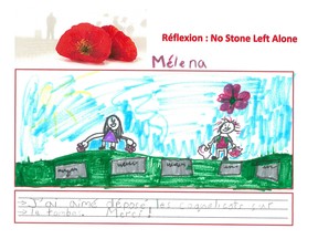 A student’s drawing after attending a commemoration ceremony, which includes laying poppies on the headstones of veterans. You can tune in to Global News on Monday, Nov. 7th at 10:30 am to watch the live feed of this year’s No Stone Left Alone ceremony at Beachmount Cemetery