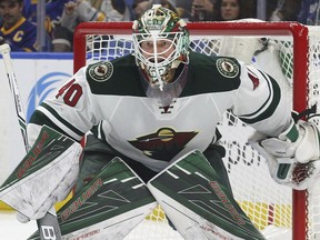 Minnesota Wild goalie Devan Dubnyk (40) looks on during the third period of an NHL hockey game against the Buffalo Sabres, Thursday, Oct. 27, 2016, in Buffalo, N.Y.