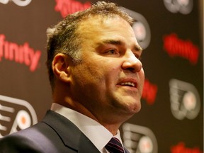 Former Philadelphia Flyers player Eric Lindros answers questions during a press conference before the game between the Philadelphia Flyers and the Minnesota Wild on November 20, 2014 at the Wells Fargo Center in Philadelphia.