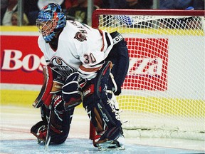 Goalie Jussi Markkanen in exhibition action with the Edmonton Oilers in September 2001.