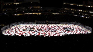 Poppies are projected on to the ice during Remembrance Day ceremonies prior to the start of the Edmonton Oilers and Dallas Stars NHL game at Rogers Place, in Edmonton on Friday Nov. 10, 2016.