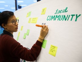 Tiare Jung of Drawing Change visualizes citizens' ideas on a board during an open house at Commonwealth Stadium seeking opinions from the public on what should be done with the Coliseum at Northlands in Edmonton, Alta., on Wednesday, Nov. 16, 2016.