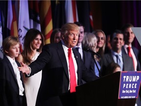 Republican president-elect Donald Trump delivers his acceptance speech during his election night event at the New York Hilton Midtown in the early morning hours of Nov. 9, 2016 in New York City. Trump defeated Democratic presidential nominee Hillary Clinton to become the 45th president of the United States.