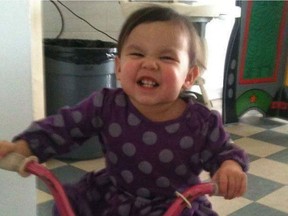 Serenity, here a happy toddler riding her trike, died in 2014 after being removed from life support at an Edmonton hospital.