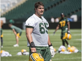 Simeon Rottier of the Edmonton Eskimos at their practice at Commonwealth Stadium on August 2, 2016