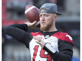 Calgary Stampeders quarterback Bo Levi Mitchell (19) throws a pass during the Western Conference practice, in Toronto on Saturday, November 26, 2016. Calgary plays the Ottawa Redblacks in the 104th Grey Cup game Sunday Nov. 27, 2016.
