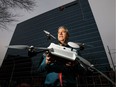 Stantec geomatics manager Kevin MacLeod shows off one of the new Skycatch drones the company has introduced, near Stantec Centre in Edmonton, Alta., on Tuesday, Nov. 15, 2016.