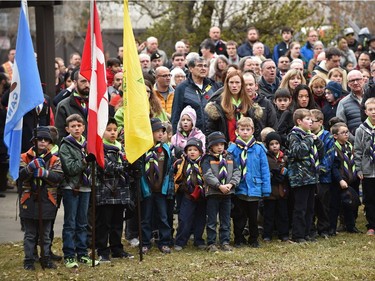 The 201st Endeavour Beaver and Cub scouts in attendance at Light Horse Park for a Remembrance Day ceremony in Edmonton, Friday, November 11, 2016.