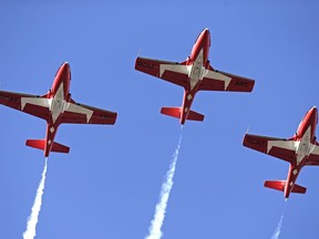 The Canadian Forces Snowbirds 431 Air Demonstration Sqadron flew over Beechmount Cemetery in Edmonton on Monday November 7, 2016.