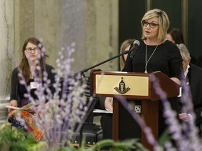 PC MLA Sandra Jansen speaks during an event in the rotunda to mark the centennial of equal voting at the Alberta Legislature in Edmonton on April 19, 2016.