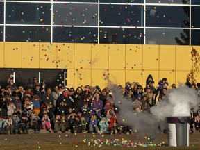 The crowd watches the Super Ping-Pong Eruption experiment held outside of Telus World of Science in Edmonton, Alberta on Thursday, November 10, 2016.