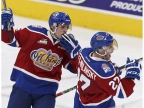 Edmonton's Trey Fix-Wolansky, right, celebrates a goal with Tyler Robertson at Rogers Place in Edmonton, Alberta on Tuesday, October 25, 2016. The Oil Kings defeated the Brandon Wheat Kings 6-3 on Saturday in Brandon, Man.
