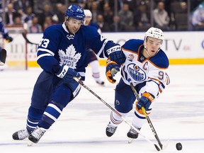 All's fair in love and war. Toronto's Nazem Kadri grabs Edmonton's Connor McDavid before scoring the overtime winner at the ACC on November 1.