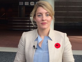 Canadian Heritage Minister Melanie Joly talks to reporters during a break in consultations about digital content with local cultural groups  at Edmonton's Winspear Centre Nov. 7, 2016.