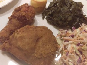 Fried chicken, collards and jalapeno slaw from Little Skillet in San Francisco.