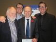 Broadcaster Bruce Bowie of 630 CHED (centre) was awarded a National Philanthropy Day Award for helping the Salvation Army. Bowie, who has helped the Sally Ann for two decades, was reunited at the lunch with Doughboy partners  (left to right) Nick Lees, CBC's Mark Connolly and media personality Mark Schulz. The group has raised many hundreds of thousands for charities and is planning another event to celebrate Canada's 150th birthday next year.