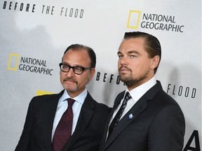 Producer Fisher Stevens, left, and actor Leonardo DiCaprio attend the National Geographic screening of Before the Flood at United Nations Headquarters in New York City on Oct. 20, 2016 .