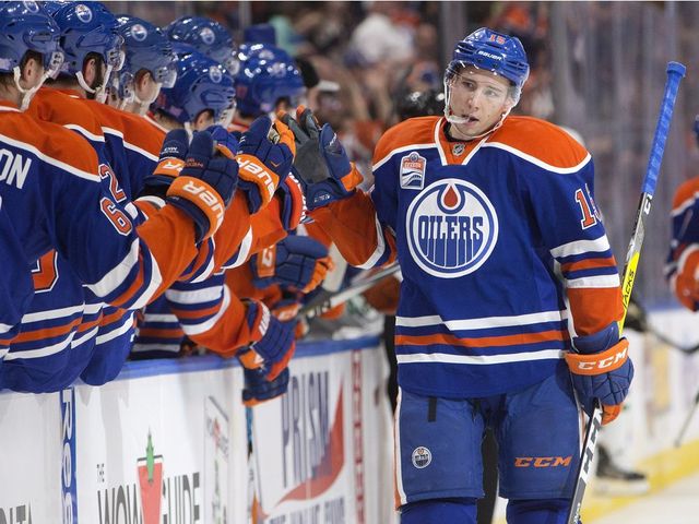 Edmonton Oilers' Tyler Pitlick (15) celebrates a goal against the Dallas Stars during first period NHL action in Edmonton, Alta., on Friday November 11, 2016.