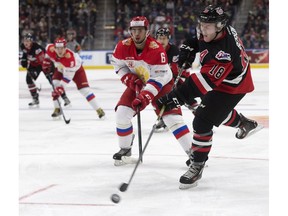 Team WHL's Tyler Benson (18) battles Team Russia's Egor Zaitsev during the CIBC Canada Russia Series at Rogers Place,on Nov. 8, 2016. (David Bloom)