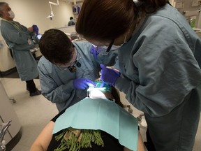 Third-year dentistry student Benjamin Hughes (left) and dental hygienist Sandra Bergeron work on patient Cheryle Lezarre at the University of Alberta School of Dentistry, in Edmonton on Thursday, Dec. 8, 2016. The provincial government has announced that it is going to create a public dental fee guide.