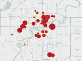 A "problem property" heat map, created by the City of Edmonton's new problem properties task force. The larger the dot, the greater the number of complaints and violations.