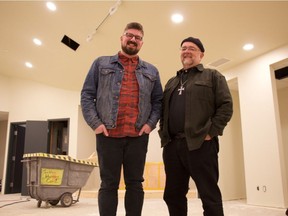 Adam Browett (left), a West Edmonton Christian Assembly pastor, and Bob Gal (right), the outgoing pastor at Marketplace Chapel in West Edmonton Mall, tour the chapel's reimagined space, currently undergoing renovations.