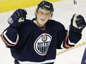 Edmonton Oilers winger Ales Hemsky celebrates his goal against the Detroit Red Wings during first period NHL action at Rexall Place in Edmonton on Nov. 17, 2005.