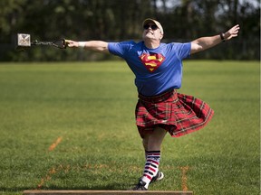 Bob Brown throws in the heavyweight for distance competition at the Edmonton Scottish Highland Gathering on Sunday, June 26, 2016 at  Grant MacEwan Park in Edmonton.