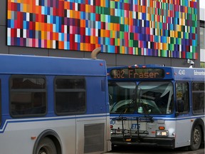 Buses sit outside the Northgate transit centre, at 137 Avenue and 97 Street in February 2016.