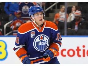 Drake Caggiula of the Edmonton Oilers warms up before playing against the Chicago Blackhawks on November 21, 2016 at Rogers Place in Edmonton, Alberta, Canada.