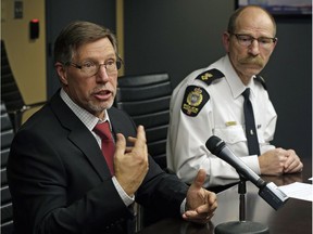 Edmonton Police Service detective Guy Pilon and  superintendent David Veitch talk about the Edmonton Police Service's position on supervised injection sites at police headquarters in Edmonton on December 16, 2016.