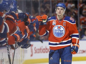 Edmonton Oilers centre Connor McDavid celebrates a shootout goal against the Tampa Bay Lightning during NHL action in Edmonton on Dec. 17, 2016.