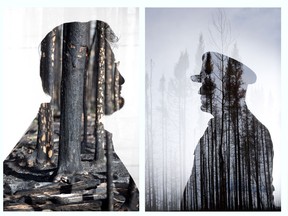 A portrait of Fort McMurray #468 First Nation Chief Ron Kreutzer is combined with an image of wildfire damage on the Clearwater Reserve portion of the Fort McMurray First Nation, in Fort McMurray Alta. Image was created on Tuesday June 14, 2016.   (centre) A portrait of RCMP Cpl. George Cameron is combined with an image of wildfire damage south of Fort McMurray Alta. Image was created on Tuesday June 14, 2016.  (right) A portrait of Shelly Hinds is combined with an image of flowers growing in the wildfire damage of her Wood Buffalo neighbourhood, in Fort McMurray Alta. Hinds' home was destroyed by the wildfire. Hinds was not insured. Image was created on Thursday June 16, 2016.  Photos were created in camera using the camera's double exposure feature.