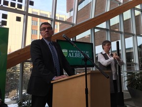 David Turpin, president of the University of Alberta, speaks after a new understanding between the province and the University of Alberta about two research ranches was announced on Dec. 14, 2016.