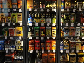 A public hearing is scheduled that will see Edmonton city council consider whether get rid of its rules requiring a 500 metre distance between liquor stores. A file photo shows some of the beverages on offer at a local independent liquor store.