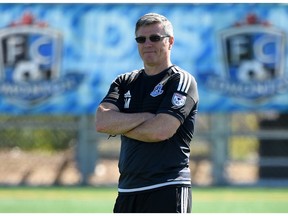 Head Coach Colin Miller runs FC Edmonton's practise at Clarke Park in Edmonton on Friday May 22, 2015.