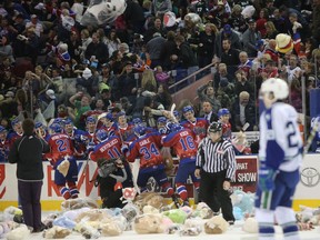 Teddy Bears are thrown onto the ice after the first Edmonton Oil Kings' goal on the Swift Current Broncos' during first period WHL action at Rexall Place in Edmonton, Alberta on December 5, 2015.  Perry Mah/Edmonton Sun/Postmedia Network