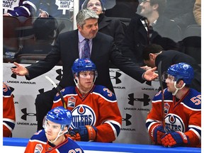 Edmonton Oilers head coach Tood McLellan guestures while playing the Toronto Maple Leafs during NHL action at Rogers Place in Edmonton, Wednesday, November 29, 2016.