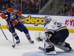 Edmonton Oilers Leon Draisaitl (29) can't get a handle on the puck as he is unable to score on St. Louis Blues goalie Jake Allen (34) during second period NHL action on Thursday, October 20, 2016 in Edmonton. Greg  Southam / Postmedia  (For a Jim Matheson Story.) Photos off Oilers game for multiple writers copy in Oct. 21 editions.