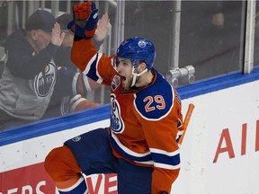 Edmonton Oilers Drake Caggiula (36) celebrates his first NHL goal against the Anaheim Ducks during second period NHL action on Saturday, December 3, 2016 in Edmonton.