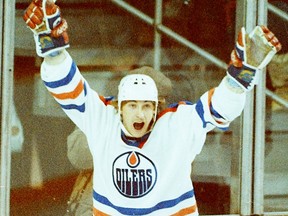 Edmonton Oilers star Wayne Gretzky celebrates a goal against the Los Angeles Kings on Dec. 5, 1982.